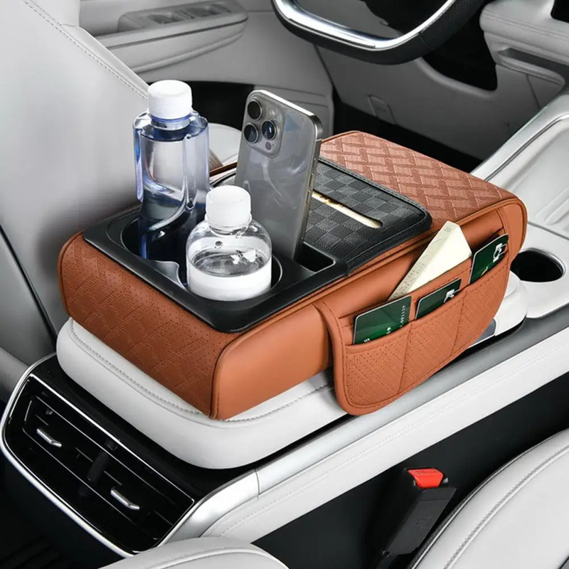 Multi-Pocket Car Arm Rest Cushion, Center Console Cushion with Cup Holder, Tissue Storage, Elbow Support Pad