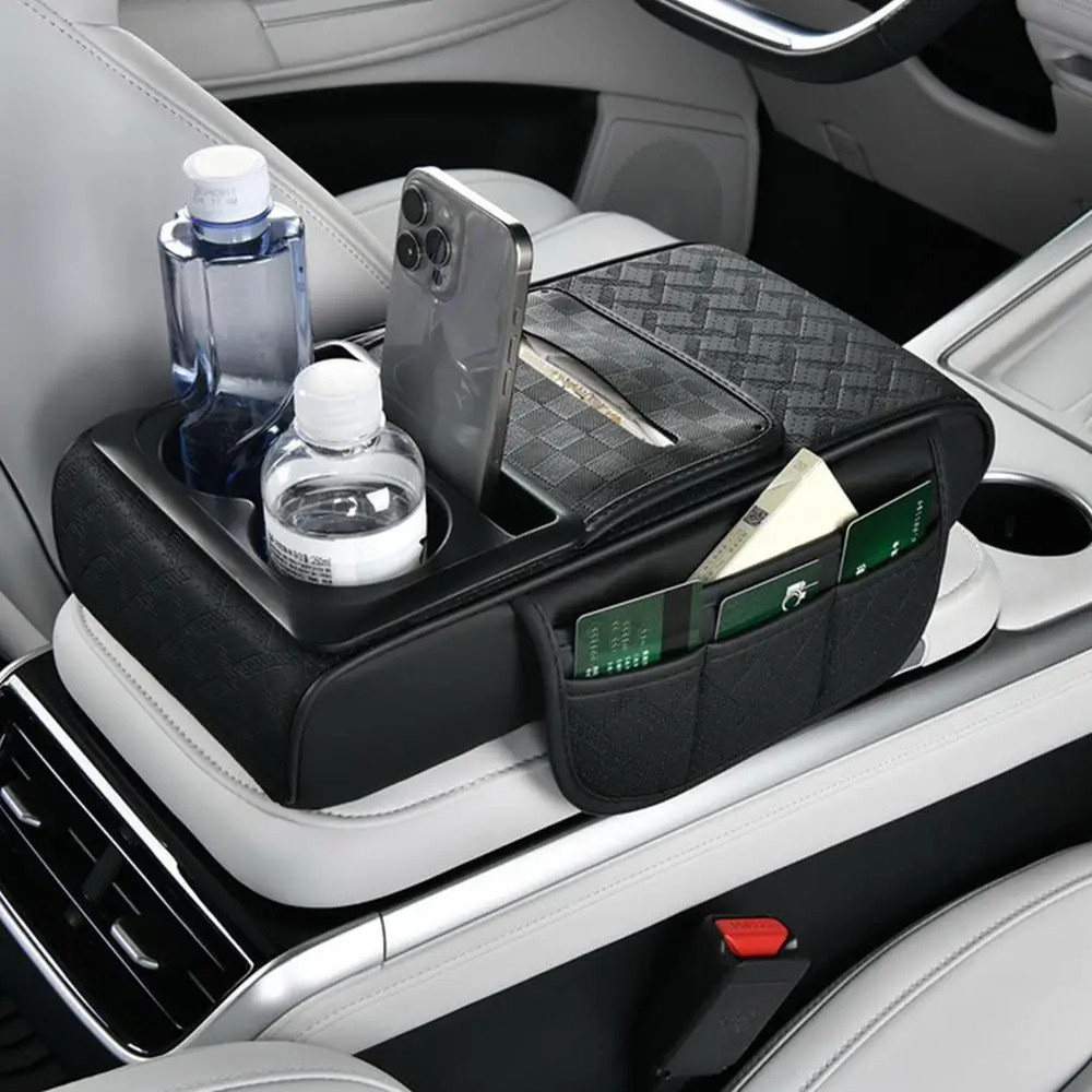 Multi-Pocket Car Arm Rest Cushion, Center Console Cushion with Cup Holder, Tissue Storage, Elbow Support Pad