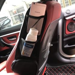 universal car seat organizer, auto seat side storage hanging bag with multi-pocket, drink holder, mesh pockets for phone
