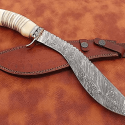 vintage damascus steel bowie knife | kukri-inspired 15" blade + camel bone handle | collector & gift knife
