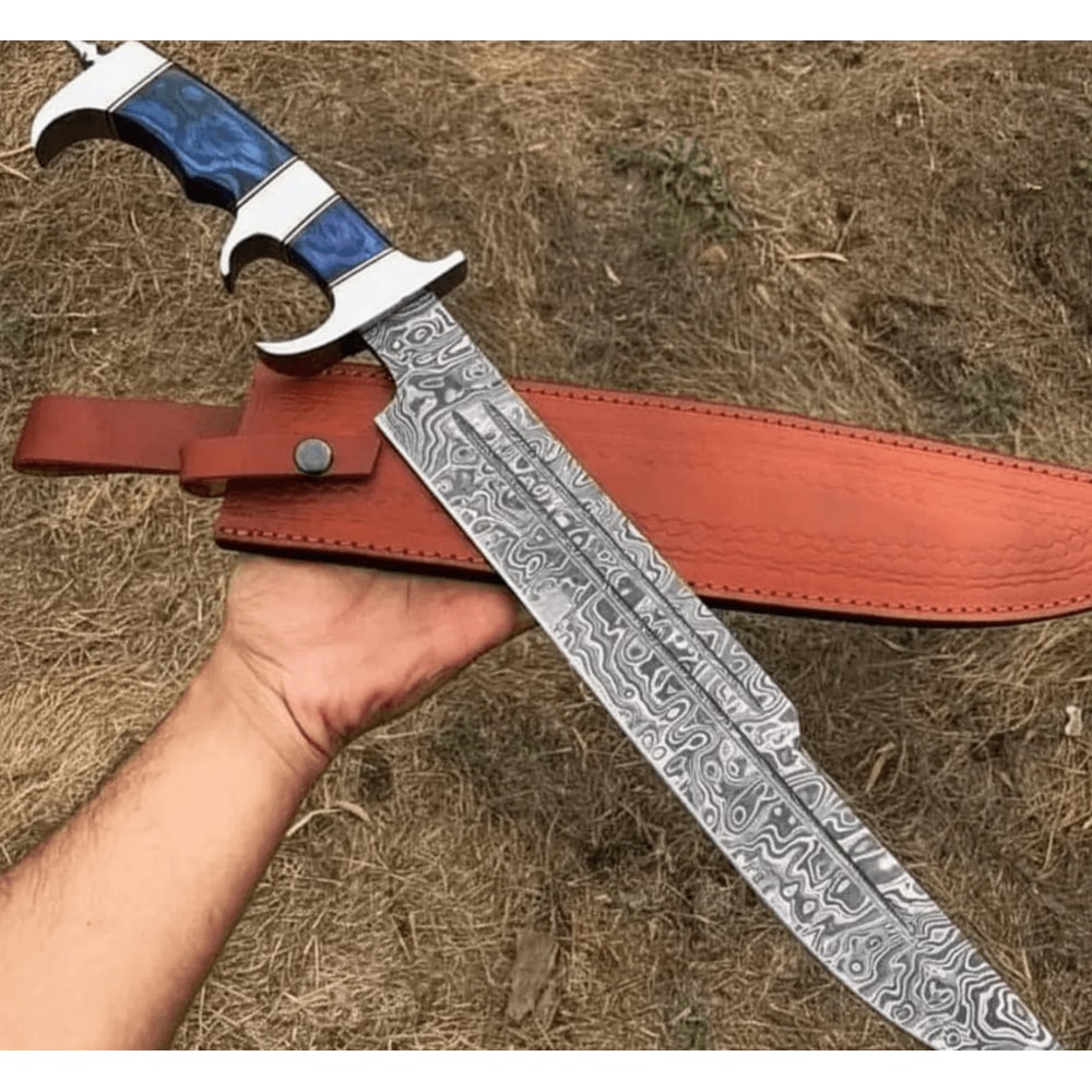 Damascus Steel Outdoor Knife HandForged 400Layer Blade With Blue Pakka Wood Handle Leather Sheath 0