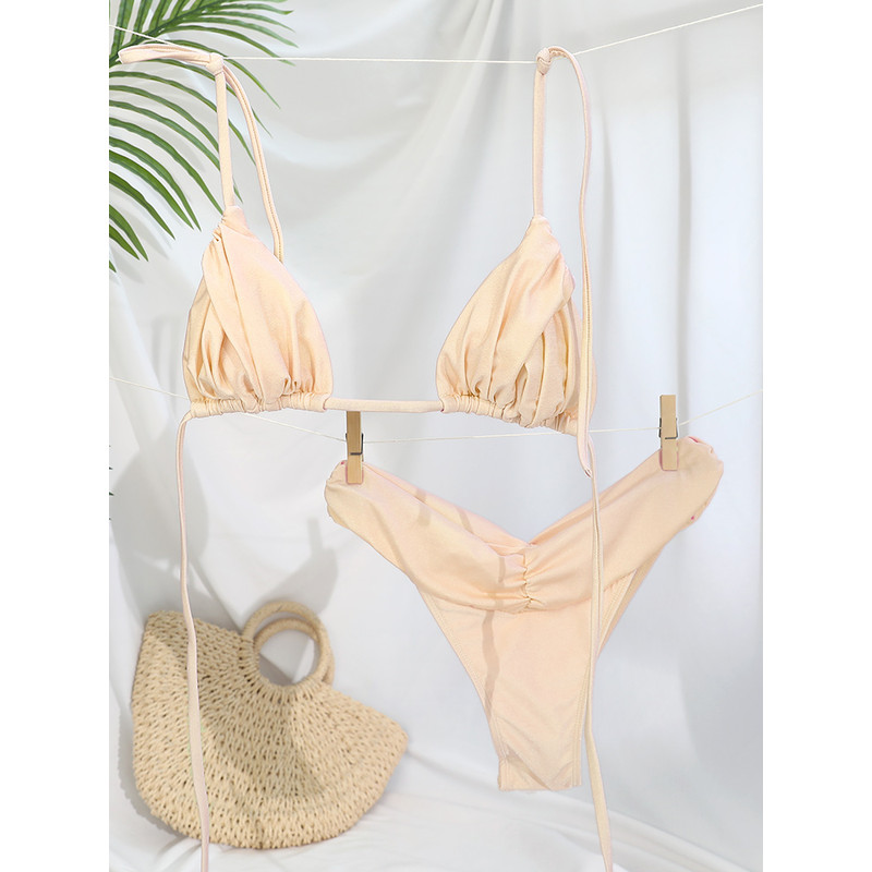 Flattering Triangle Bikini Swimsuit Solid Color Bikinis With Bandage Bathsuit Low Rise Waist Bathwe 6