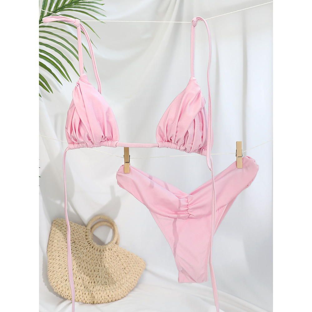 Flattering Triangle Bikini Swimsuit Solid Color Bikinis With Bandage Bathsuit Low Rise Waist Bathwe 7