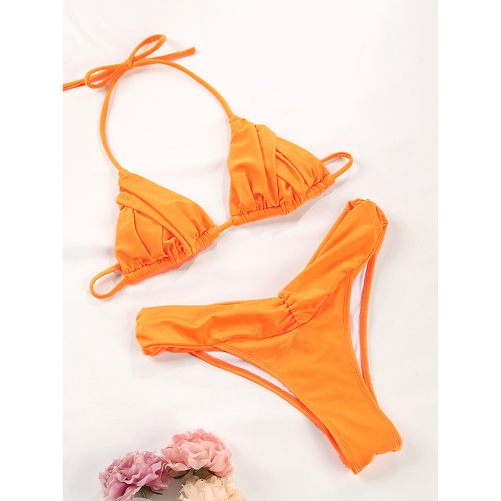 Flattering Triangle Bikini Swimsuit Solid Color Bikinis With Bandage Bathsuit Low Rise Waist Bathwe 9