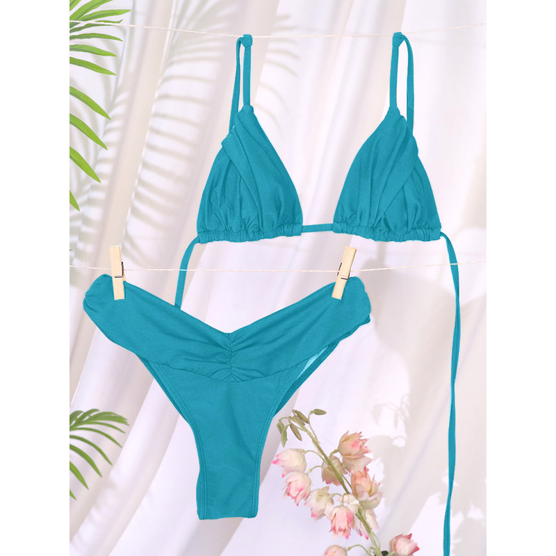Flattering Triangle Bikini Swimsuit Solid Color Bikinis With Bandage Bathsuit Low Rise Waist Bathwe 12