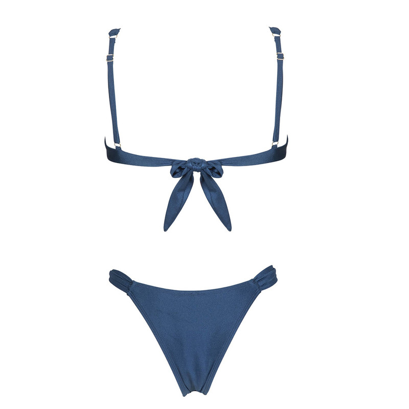 Purplish Blue Women Swimwear Bikinis Thongs Sexy Knot Bikini Beachwear Solid TwoPiece Bathing Suit 4