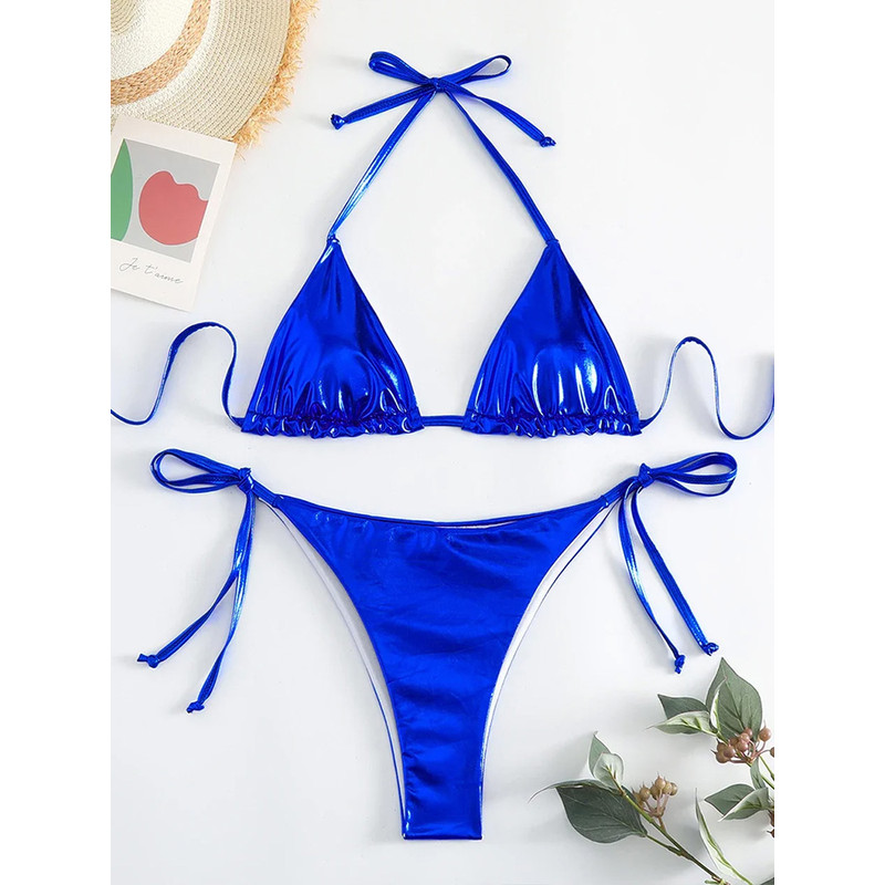 Sexy Metallic Halter Bikini Set With Lace Up Triangle Tie Side Swimwear For Women Brazilian Bathing 0