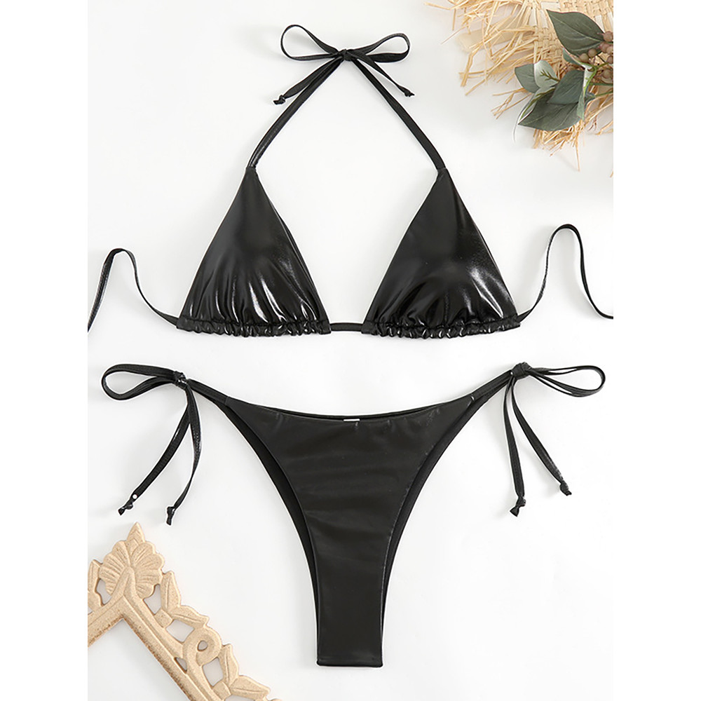 Sexy Metallic Halter Bikini Set With Lace Up Triangle Tie Side Swimwear For Women Brazilian Bathing 1