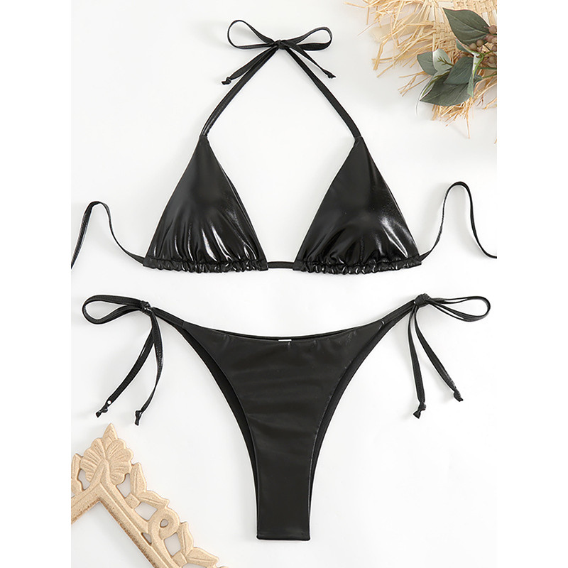 Sexy Metallic Halter Bikini Set With Lace Up Triangle Tie Side Swimwear For Women Brazilian Bathing 1