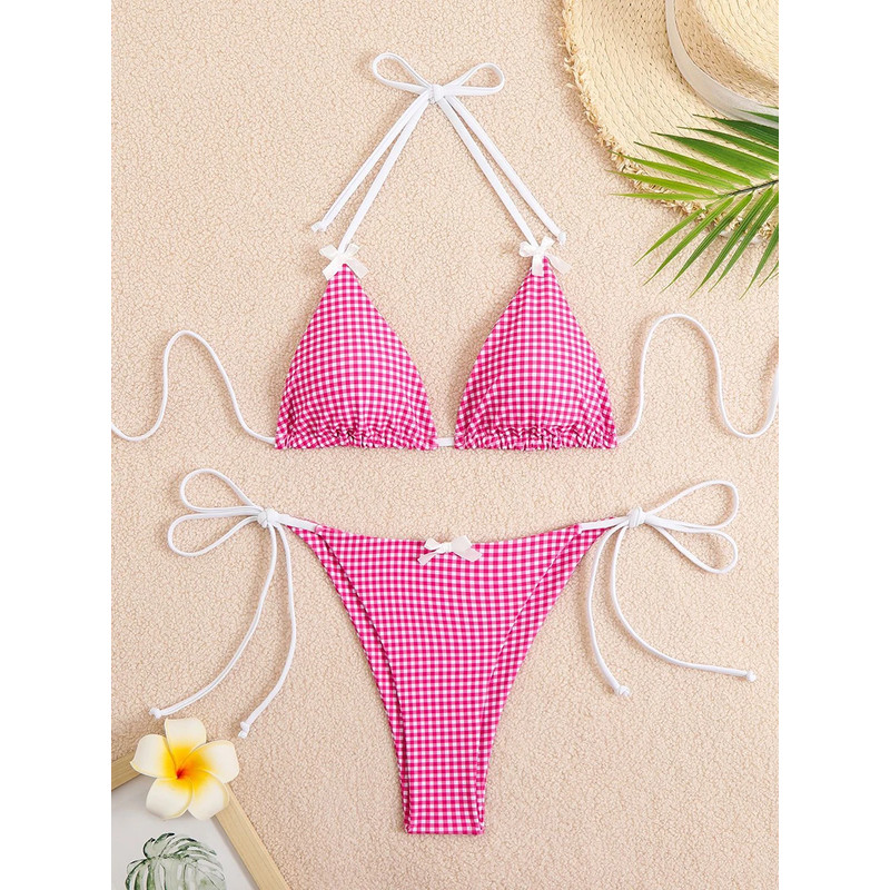 Sexy Bikini Swimwear Women's Halter Thong Bikinis Sets with Butterfly Decor Checked Pattern for Beachwear Bathing Suit