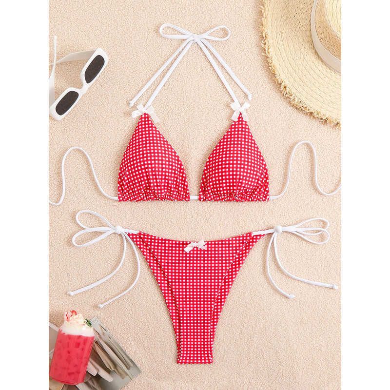 Sexy Bikini Swimwear Women's Halter Thong Bikinis Sets with Butterfly Decor Checked Pattern for Beachwear Bathing Suit