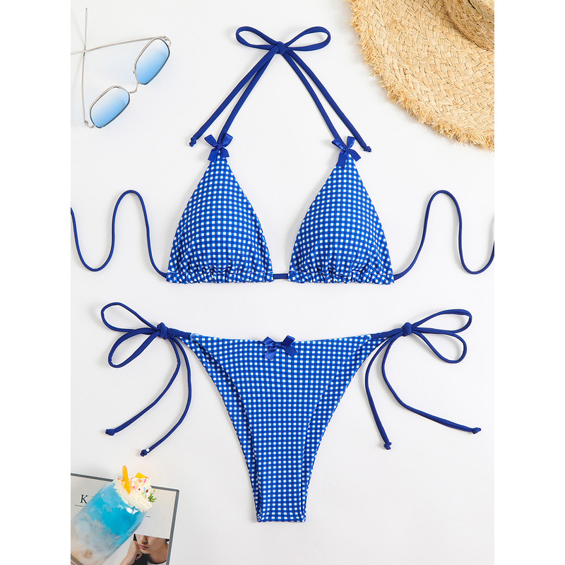 Sexy Bikini Swimwear Women's Halter Thong Bikinis Sets with Butterfly Decor Checked Pattern for Beachwear Bathing Suit