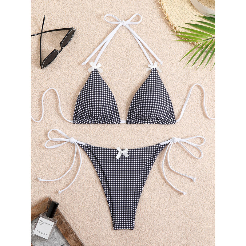 Sexy Bikini Swimwear Women's Halter Thong Bikinis Sets with Butterfly Decor Checked Pattern for Beachwear Bathing Suit