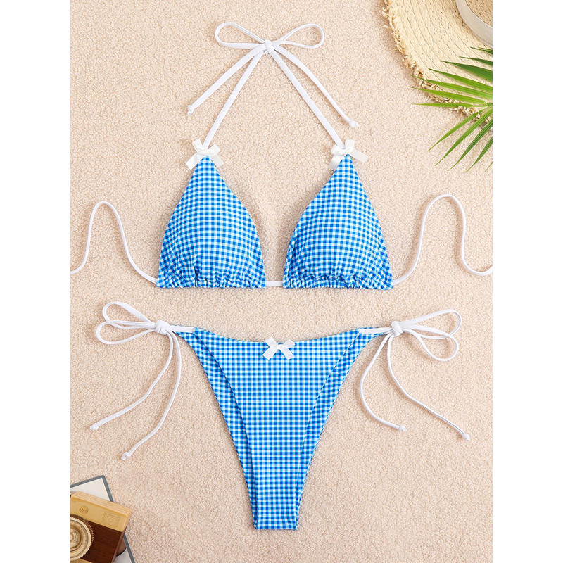 Sexy Bikini Swimwear Women's Halter Thong Bikinis Sets with Butterfly Decor Checked Pattern for Beachwear Bathing Suit