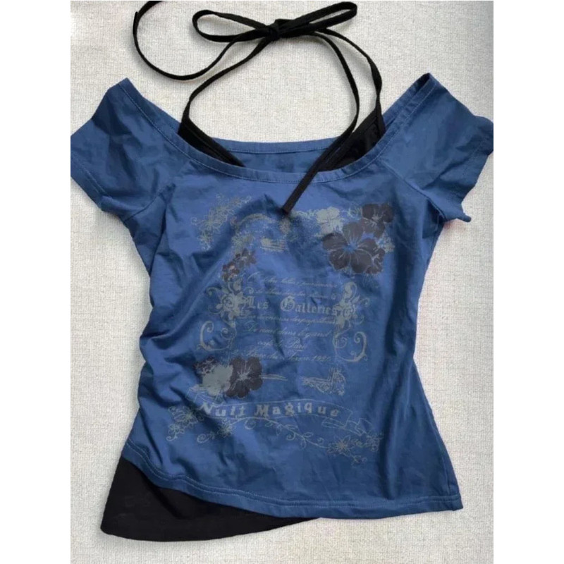 Flattering Vintage Fake Two Piece Halter Lace Up TShirts Slim Fit Print Tops Women Love For Beach 3