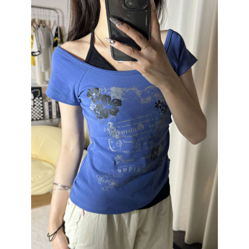 Flattering Vintage Fake Two Piece Halter Lace Up TShirts Slim Fit Print Tops Women Love For Beach 2