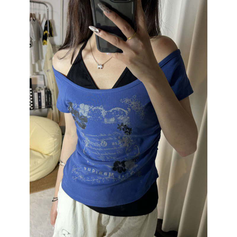 Flattering Vintage Fake Two Piece Halter Lace Up TShirts Slim Fit Print Tops Women Love For Beach 1