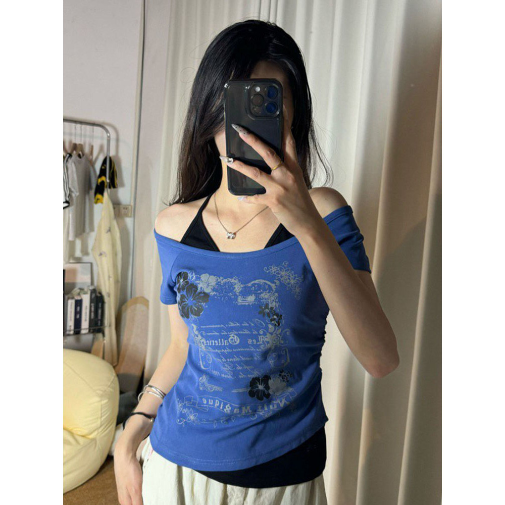 Flattering Vintage Fake Two Piece Halter Lace Up TShirts Slim Fit Print Tops Women Love For Beach 0