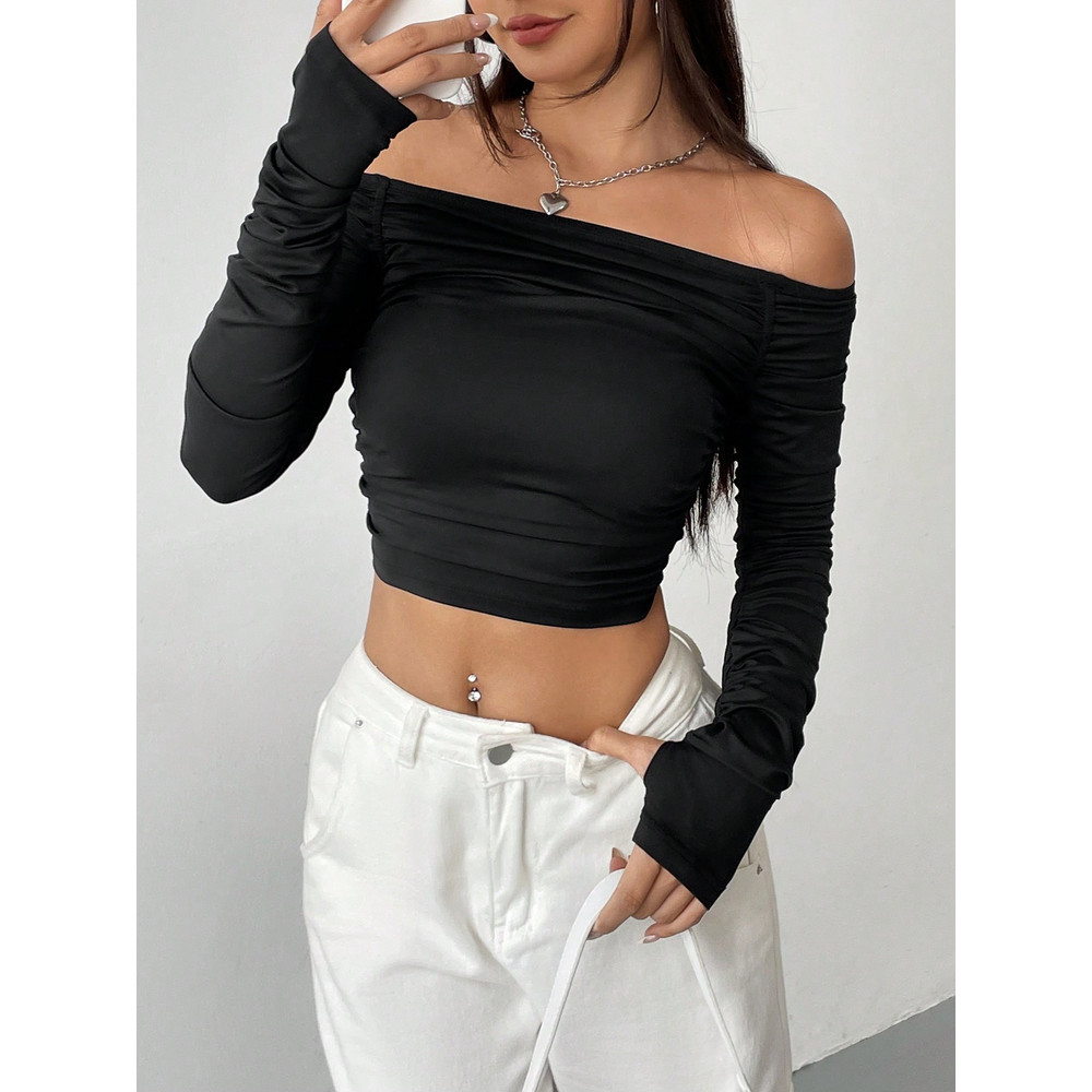 New Line Shoulder Mesh Long Sleeve SlimFit Womens Crop TShirtHottie Sexy Explosion Street Wear Shor 0