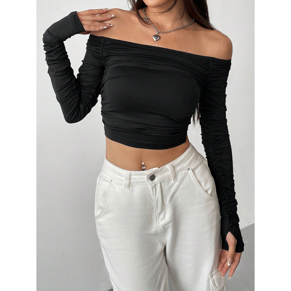 New Line Shoulder Mesh Long Sleeve SlimFit Womens Crop TShirtHottie Sexy Explosion Street Wear Shor 3