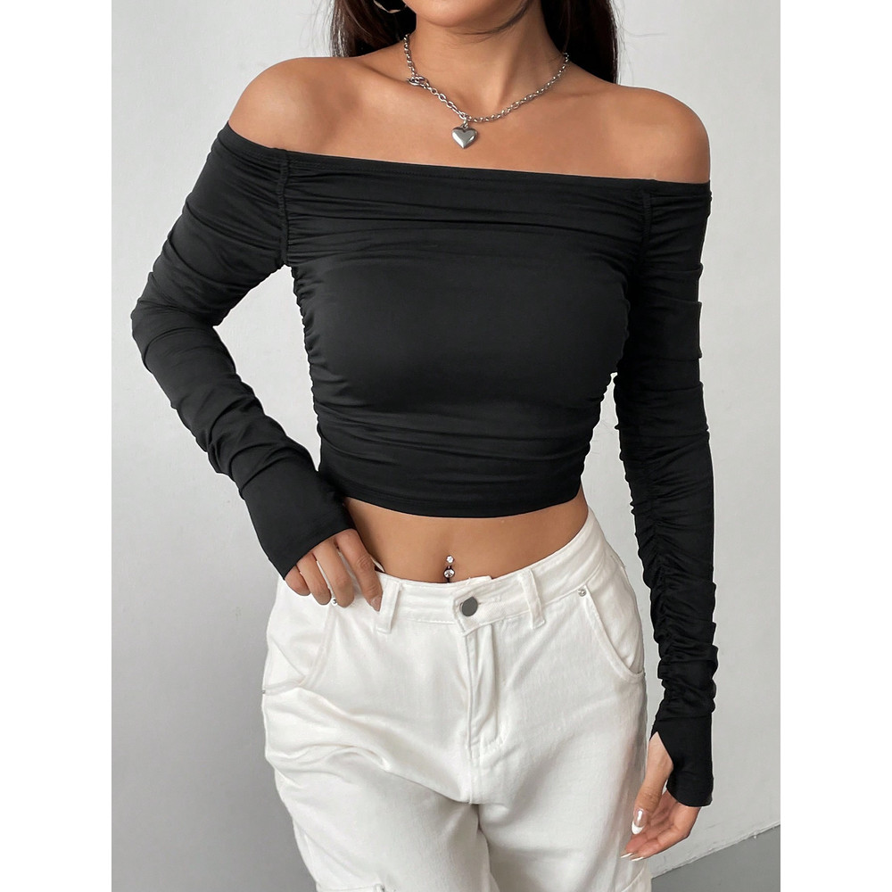 New Line Shoulder Mesh Long Sleeve SlimFit Womens Crop TShirtHottie Sexy Explosion Street Wear Shor 4