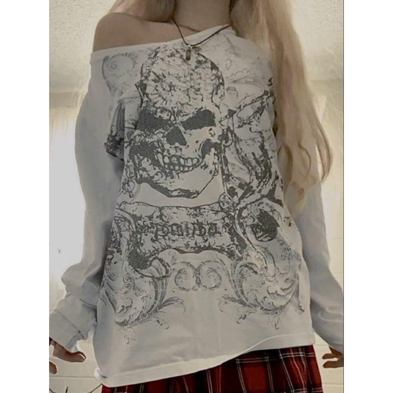 Women Grunge Fairy Tops Fashion Halloween Party Blouse, Long Sleeve Off Shoulder Skull Print Casual Street Fall T-Shirt
