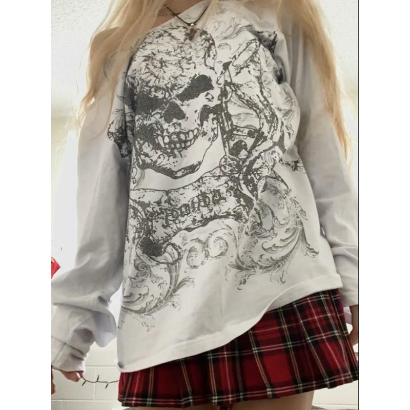 Women Grunge Fairy Tops Fashion Halloween Party Blouse, Long Sleeve Off Shoulder Skull Print Casual Street Fall T-Shirt