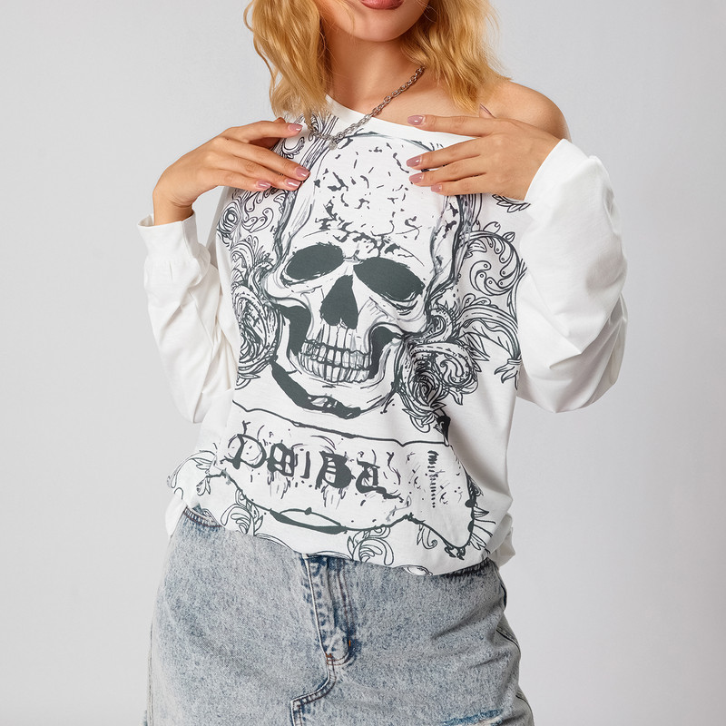 Women Grunge Fairy Tops Fashion Halloween Party Blouse, Long Sleeve Off Shoulder Skull Print Casual Street Fall T-Shirt