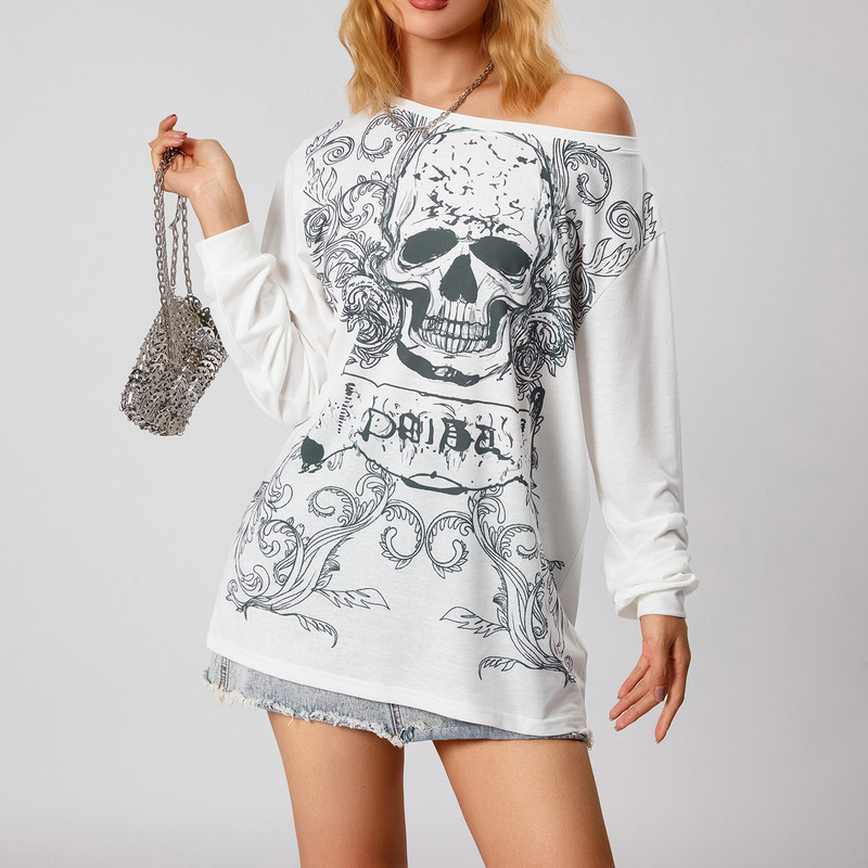 Women Grunge Fairy Tops Fashion Halloween Party Blouse, Long Sleeve Off Shoulder Skull Print Casual Street Fall T-Shirt