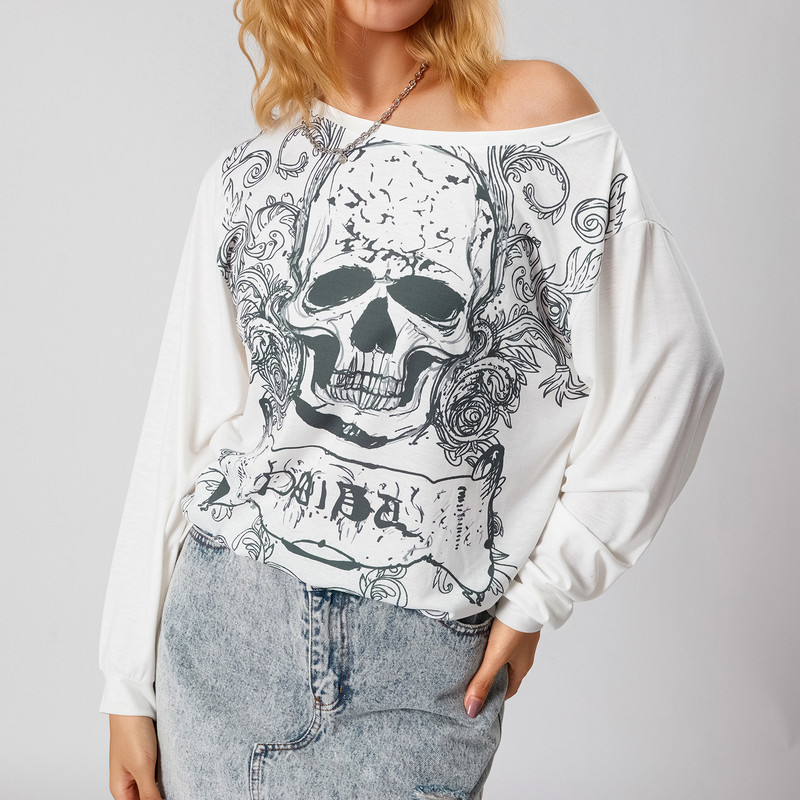 Women Grunge Fairy Tops Fashion Halloween Party Blouse, Long Sleeve Off Shoulder Skull Print Casual Street Fall T-Shirt