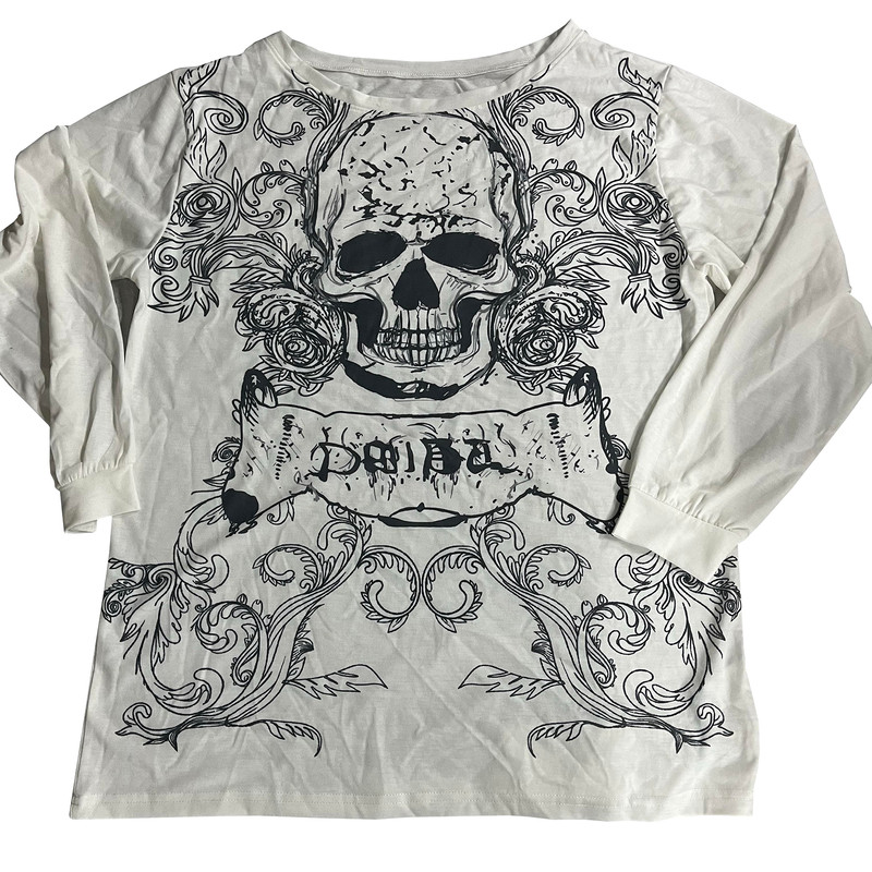 Women Grunge Fairy Tops Fashion Halloween Party Blouse, Long Sleeve Off Shoulder Skull Print Casual Street Fall T-Shirt