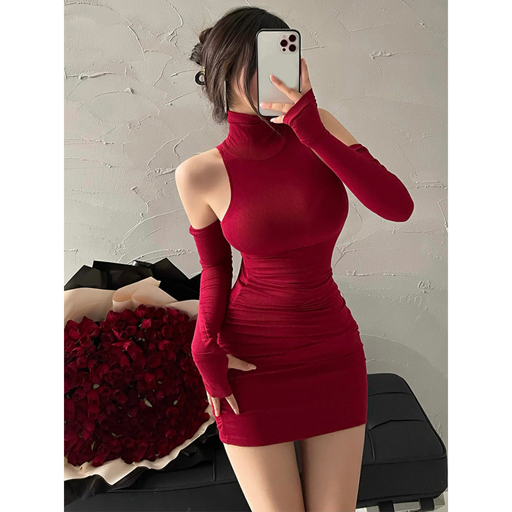 Summer Sexy High Neck Tight Dress with Oversleeve Pleated Bottom & Wrapped Hip Bodycon Dress for Women