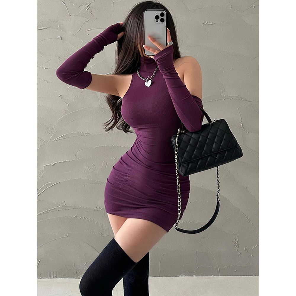 Summer Sexy High Neck Tight Dress with Oversleeve Pleated Bottom & Wrapped Hip Bodycon Dress for Women