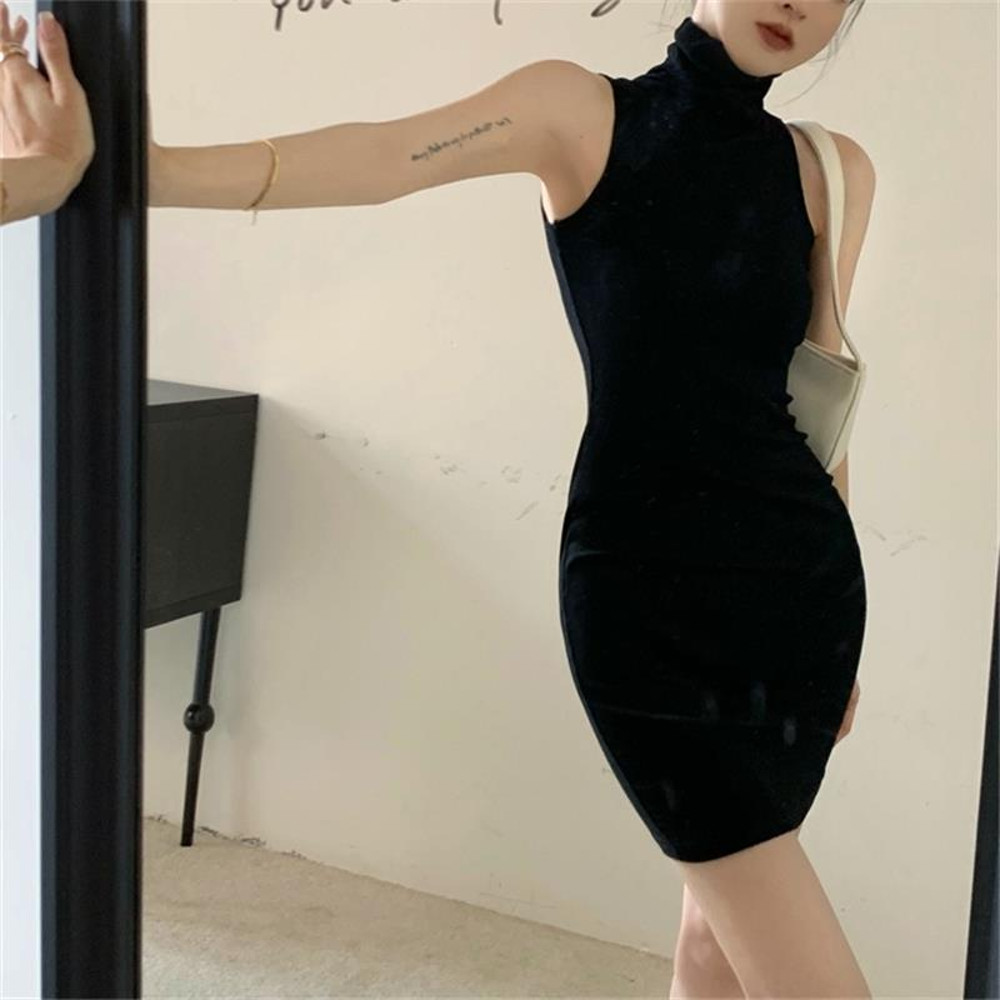 Summer Sexy High Neck Tight Dress with Oversleeve Pleated Bottom & Wrapped Hip Bodycon Dress for Women