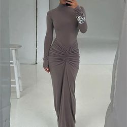 tossy pleated fashion patchwork maxi dress, women's high waist long sleeve solid slim party dress summer style