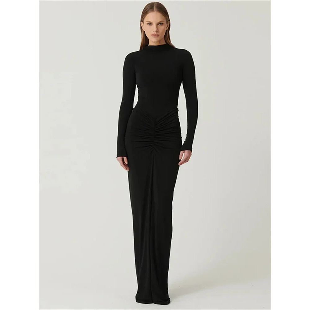 Tossy Pleated Fashion Patchwork Maxi Dress Womens High Waist Long Sleeve Solid Slim Party Dress Sum 7