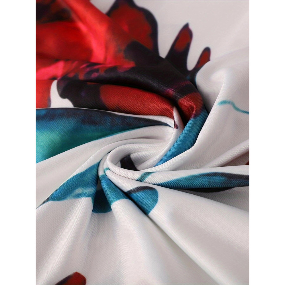 Floral Color Matching Short Sleeved Dress in European and American Style, Women's Large Swing Skirt for Everyday Chic