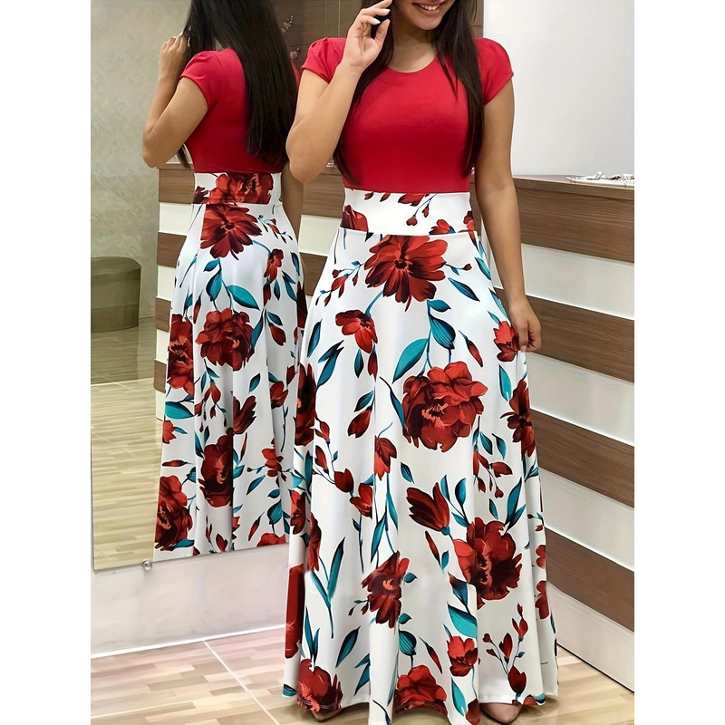 Floral Color Matching Short Sleeved Dress in European and American Style, Women's Large Swing Skirt for Everyday Chic
