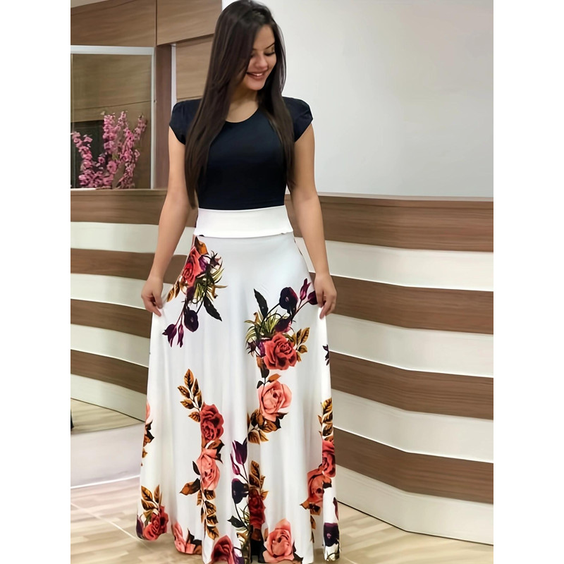 Floral Color Matching Short Sleeved Dress in European and American Style, Women's Large Swing Skirt for Everyday Chic