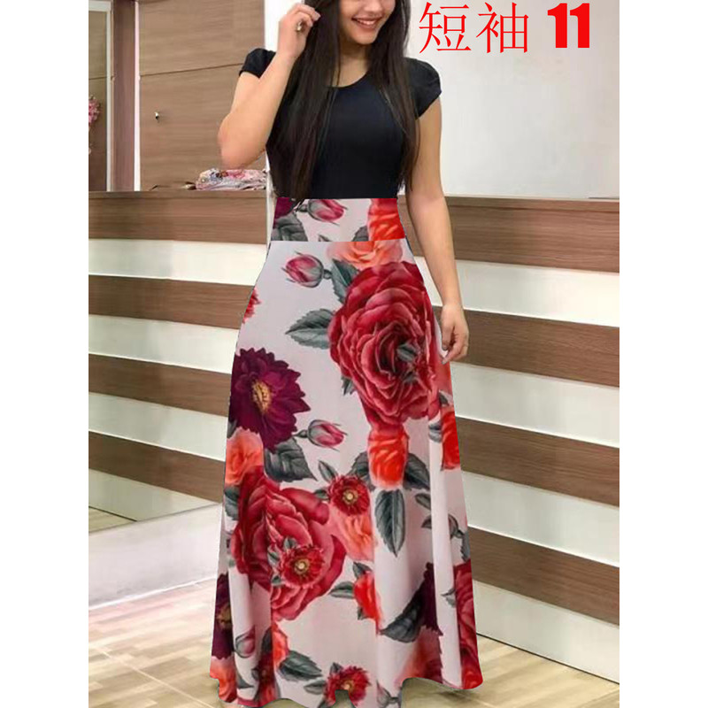 Floral Color Matching Short Sleeved Dress in European and American Style, Women's Large Swing Skirt for Everyday Chic