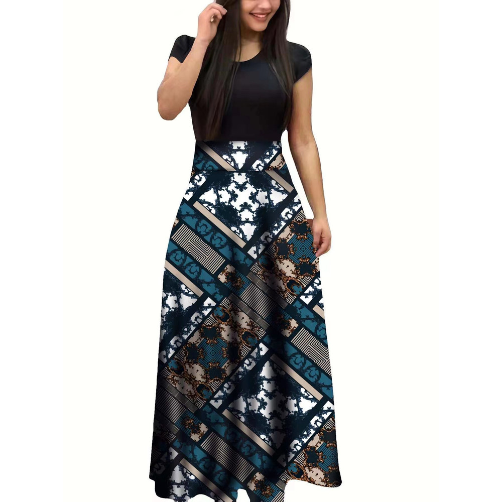 Floral Color Matching Short Sleeved Dress in European and American Style, Women's Large Swing Skirt for Everyday Chic