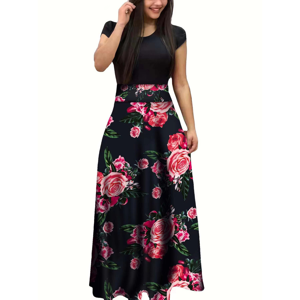 Floral Color Matching Short Sleeved Dress in European and American Style, Women's Large Swing Skirt for Everyday Chic