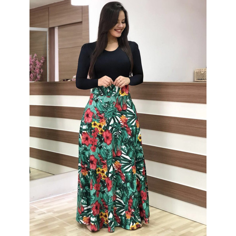 Floral Color Matching Short Sleeved Dress in European and American Style, Women's Large Swing Skirt for Everyday Chic