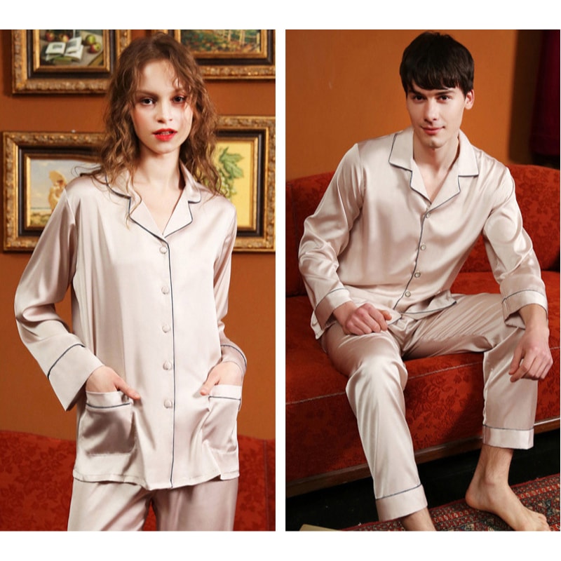 High Quality Couple Pajamas Women Ice Silk Loungewear Men Satin Sleepwear Set Classic Autumn Summer 8