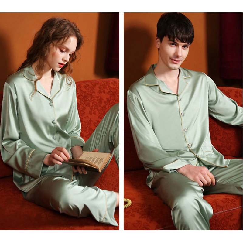 High Quality Couple Pajamas Women Ice Silk Loungewear Men Satin Sleepwear Set Classic Autumn Summer 10