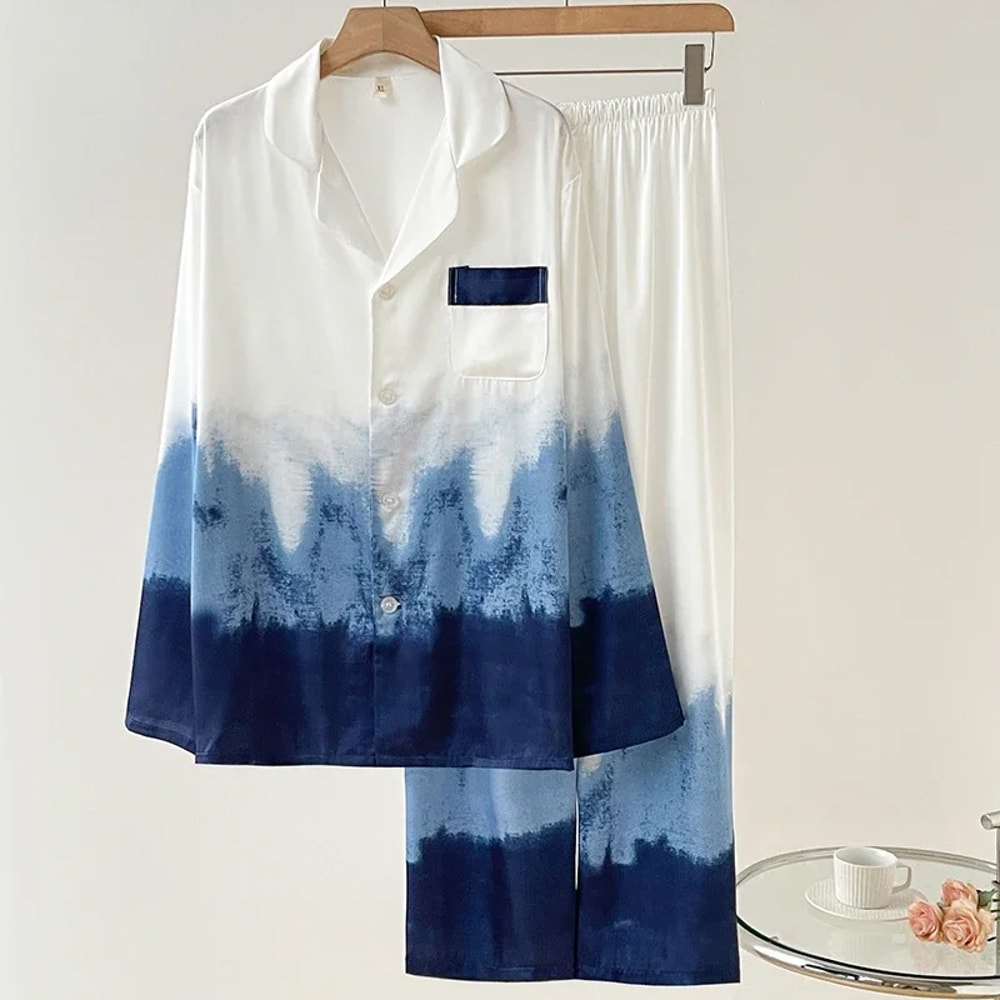 Long Sleeved Satin Pajamas Set For Couples Ice Silk Sleepwear Button Shirt Trousers Suit 5