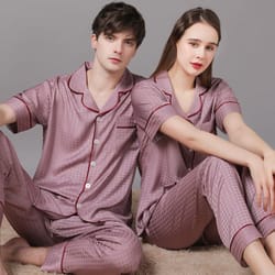 summer short sleeve couple pajamas suit men ice silk satin long pant sleepwear high quality couples set