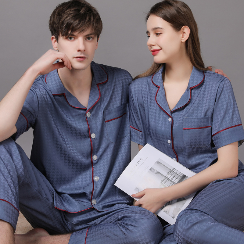 Summer Short Sleeve Couple Pajamas Suit Men Ice Silk Satin Long Pant Sleepwear High Quality Couples 4