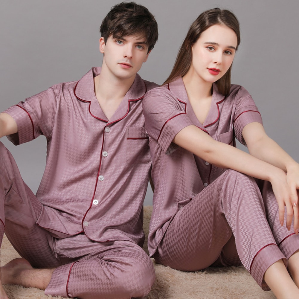 Summer Short Sleeve Couple Pajamas Suit Men Ice Silk Satin Long Pant Sleepwear High Quality Couples 7