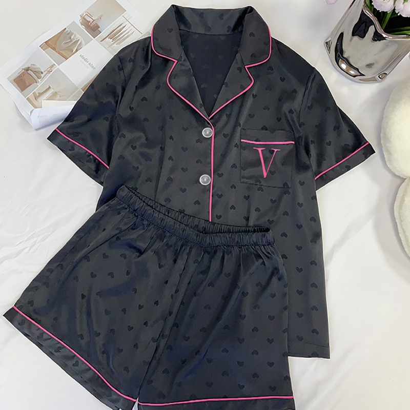 Womens Silk Satin Pajamas Set Summer Button Down Top Shorts Sexy Heart Print Sleepwear Loungewear F 0